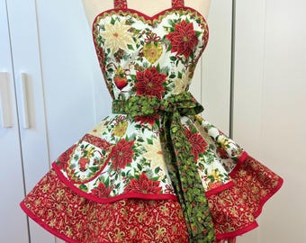 Gilded Poinsettias Christmas Apron, Gold Accents, Women's Holiday Kitchen
