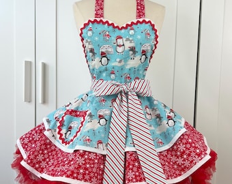 Penguin Village Christmas Apron, Womens Hostess Apron