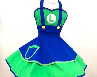 Luigi The Plumber Costume Apron, Nintendo Mario Bros Geek Girl, Comicon Cosplay, Woman's Apron