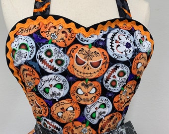 Fright Night Halloween Apron, Pin Up Apron, Jack O'Lanterns, Halloween Party Hostess Apron