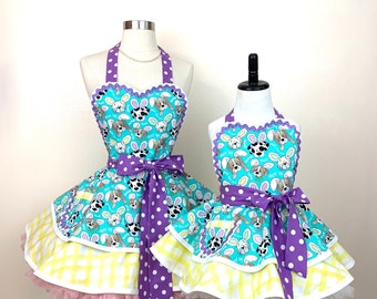 Easter Pups Aprons , Mommy Daughter Set Kitchen Hostess Wear