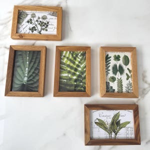Puede incluir: Cinco marcos de fotos de madera con estampados botánicos. Los estampados presentan imágenes de hojas, helechos y flores. Los marcos rectangulares tienen un acabado de madera natural y están dispuestos sobre una superficie de mármol blanco.
