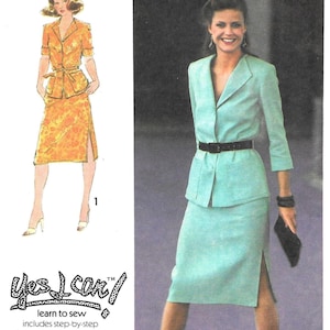 May include: Two illustrations of women wearing matching skirt suits. The first illustration shows a woman wearing a yellow floral print skirt suit with a belt. The second illustration shows a woman wearing a light blue skirt suit with a black belt. Both illustrations are from a sewing pattern book titled "Yes I Can! Learn to Sew".