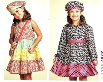 Girls Dress Pattern Tiered Ruffle Fun w/ Beret Hat and Bag Sleeveless or Long Sleeve Back Buttons Kwik Sew 3767 Sizes 4 5 6 7 8  New Uncut