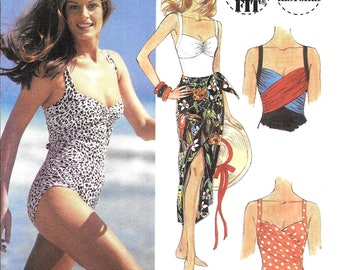 Swimsuit Pattern One Piece Front Gathers & Pareo Sarong Wrap Skirt Cover Up 1990s Retro Simplicity 8488 Sz 8 - 12 Uncut