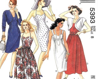 Dress Pattern Close Fitting Strappy Straps Side Darts Princess Seaming Gathered Skirt Bolero Jacket McCalls 5393 Size Small 8 Uncut