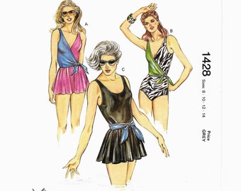 Swimsuit Suit Pattern One Piece Scoop Neck w/ Skirt or V Cross Over w/ Ties 1985 Kwik Sew 1428 8, 10, 12, 14 All Sizes Uncut