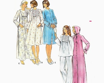 Nightgown Pattern Nighty Hooded Robe Square Front Yoke Pajamas Sleepwear Vintage 1970s Butterick 4559 Sz Medium 12 Uncut