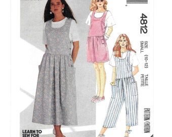 Jumper Dress Pattern Romper Long Short Side Button Tank Drop Waist Sundress Pockets Vintage 1990s McCalls 4812 Small 10-12 Uncut