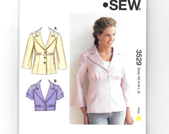 Fitted Jacket Pattern Empire Waist Flared 3/4 Sleeves Button Front Yoke Collar Lapel Kwik Sew 3529 Size XS S M L XL