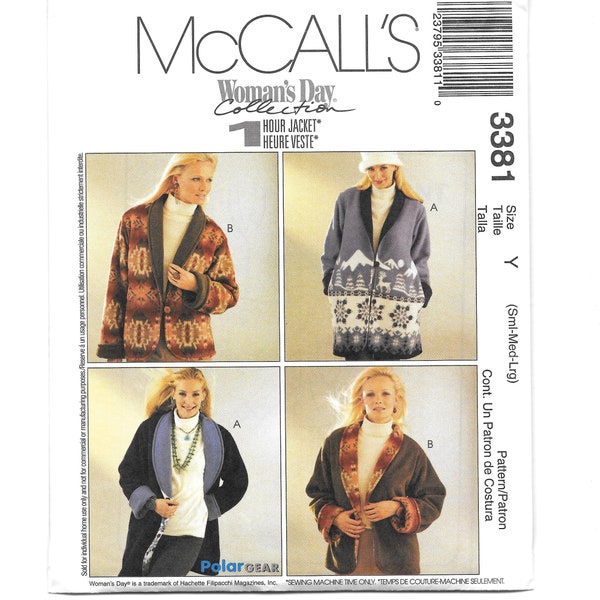 Reversible Jacket Sewing Pattern Two Lengths Fleece Button Front Shawl Collar Side Pockets McCalls 3381 Sizes S M L Uncut