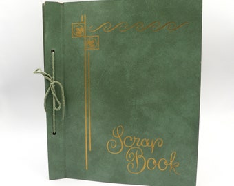 Vintage Scrap Book Green Gold Embossed Faux Leather Look Cover 18 Off White Pages Cord Bound Unused Springfield