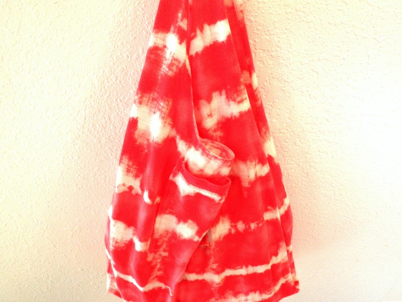 Reusable Grocery Bag Compact Fold Up Shopping Produce Farmers Market Tote ECO Friendly Recycled Red White T-Shirt w Pocket