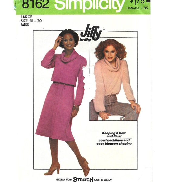 Pullover Top Pattern and Skirt Long Raglan Sleeve Cowl Neck Vintage 1970s Simplicity 8162 Large 18-20 Uncut