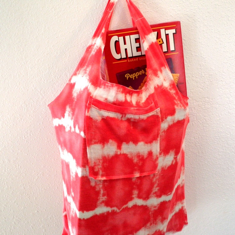 Reusable Grocery Bag Compact Fold Up Shopping Produce Farmers Market Tote ECO Friendly Recycled Red White T-Shirt w Pocket