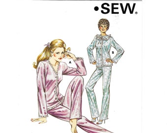 Pajamas Pattern Button Front Top and Elastic Waist Bottoms Sleepwear Vintage 1970s Kwik Sew 1132 Misses' XS S M L Uncut
