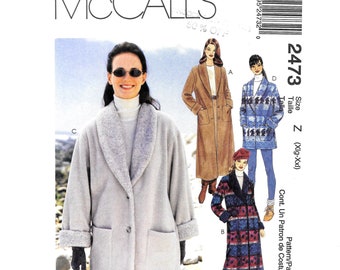 Jacket Fleece Coat  Sewing Pattern Button Front Shawl Collar Patch Pockets Unlined Long Maxi McCalls 2473 S M L XL XXL All Sizes Uncut