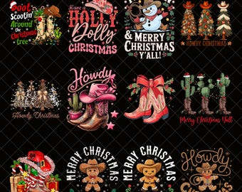 Howdy Christmas png-bundel, westerse kerst png, retro kerstboom png, cowboykerst png, kerst cowgirl, kerst png-ontwerp
