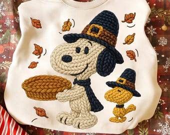 Snoopy Thanksgiving png, garen pinda's herfst ronde hals, schattige Woodstock pelgrimstrui, gezellige top Turkije, herfst cadeau-idee