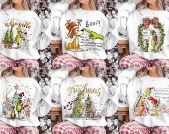 PNG retro de Grinch navideño: Personajes navideños PNG, Feliz Navidad Grinch PNG, Grinch verde malvado con amigos (Descarga digital)