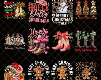 Howdy Christmas png-bundel, westerse kerst png, retro kerstboom png, cowboykerst png, kerst cowgirl, kerst png-ontwerp