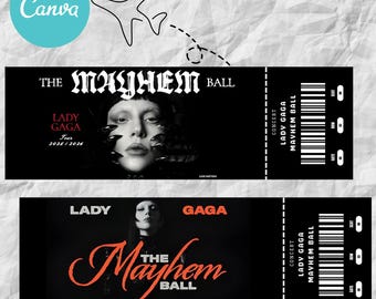 Lady Gaga Mayhem Ball-concertticket - direct downloaden - afdrukbare en bewerkbare canva-sjabloon
