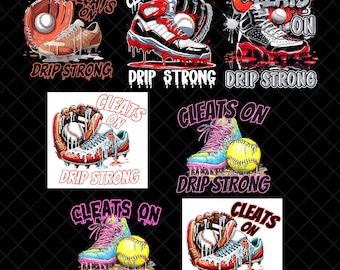 Schoenplaatjes op druppelen Sterke honkbalsoftbal-png-bundel | Clipart sportschoenen druipende sublimatie | Digitale download Teamgeest Game Day