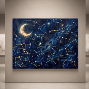 May include: A rectangular wall art piece featuring a deep blue, swirling cosmic background with a glowing crescent moon and gold-colored constellations. Labeled star patterns include Orion, Auriga, Cassiopeia, Lyra, Cygnus, Aquila, Pegasus, and Ursa Major.