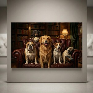 May include: A wall art print depicting five dogs sitting on a dark brown leather sofa in a library. The group includes a bulldog, a golden retriever, a Jack Russell terrier, a pug holding a remote, and a dachshund behind a bowl of popcorn.