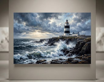 Hook Lighthouse Stretched Canvas Wall Art, Stormy Irish Coast Painting, Wexford Ocean Wave Seascape