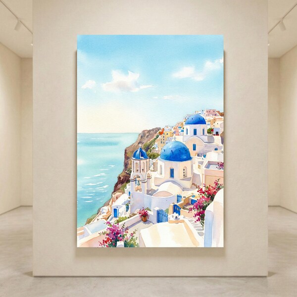 Santorini Seaside Watercolor Poster Wall Art for Living Room Mediterranean Coastal Decor