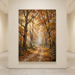 Könnte beinhalten: Ein vertikaler Wandkunstdruck, der einen Waldweg zeigt, der mit gefallenen orangefarbenen und gelben Herbstblättern bedeckt ist. Hohe Bäume säumen den Feldweg, während Sonnenlicht durch die Äste scheint und helle Strahlen erzeugt.