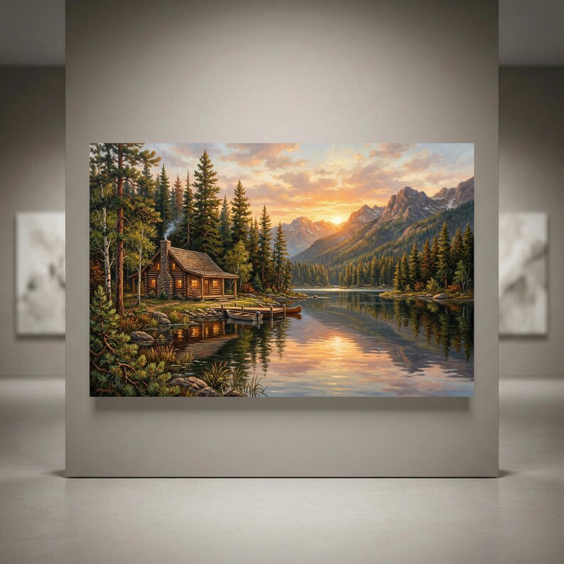 Mountain Lake Cabin Canvas Sunset Reflection Forest Landscape Living ...