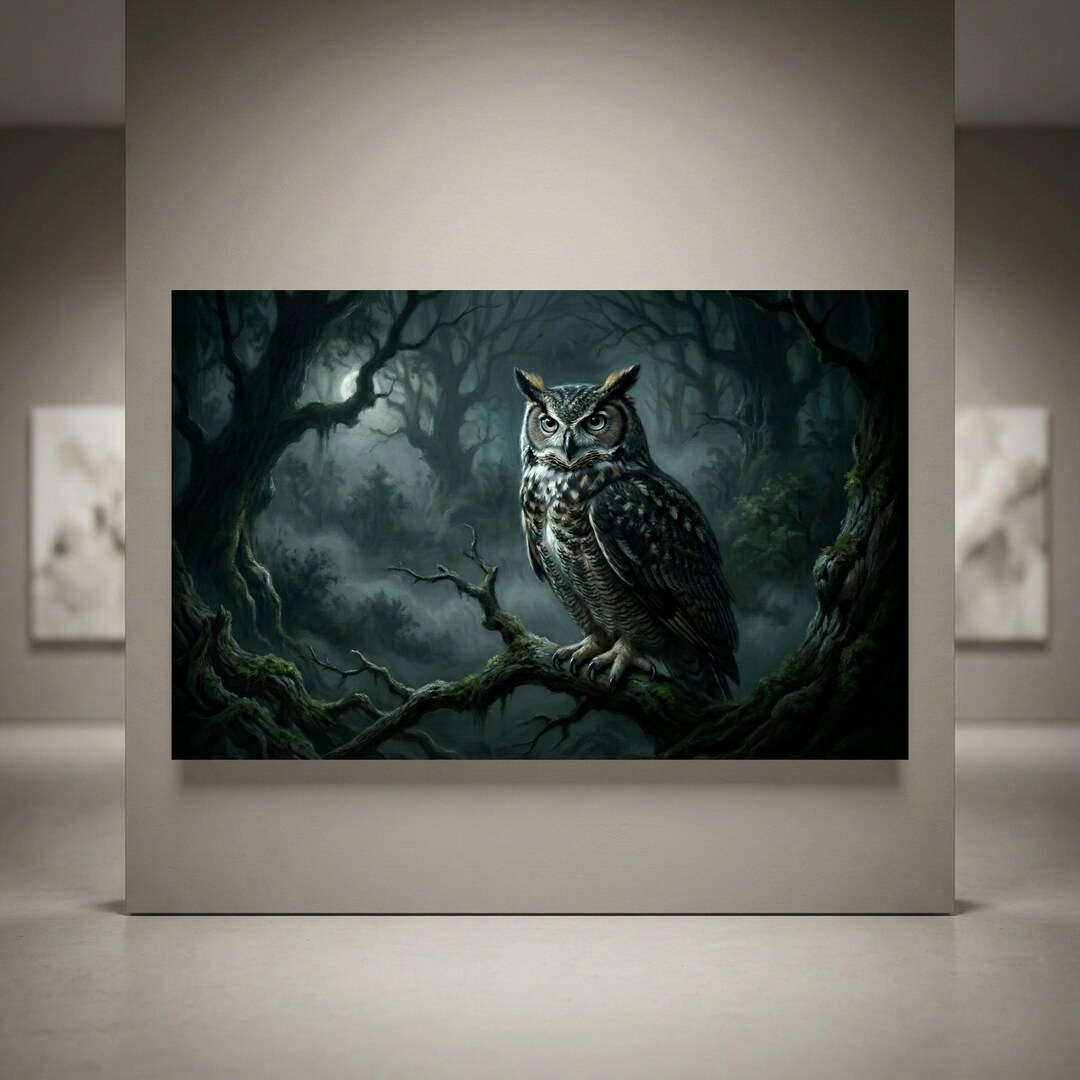 Owl Canvas Wall Art Dark Forest Night Wildlife Painting Gothic Nature ...