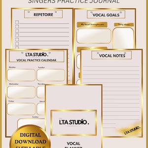 May include: A vocal planner with a gold border and the text "VOCAL PLANNER SINGERS PRACTICE JOURNAL." The planner includes sections for repertoire, vocal goals, vocal notes, and a vocal practice calendar. The text "DIGITAL DOWNLOAD & FILLABLE ONLINE" is also visible.