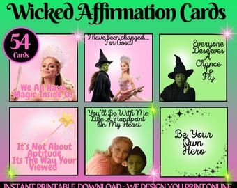 May include: A set of 54 "Wicked Affirmation Cards" with images of characters from the musical. Each card features a quote, such as "We All Have Magic Inside Us" and "Everyone Deserves a Chance to Fly." The cards are set against pink and green backgrounds.