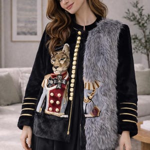 Puede incluir: Chaqueta de piel sintética negra con detalles de botones dorados y un diseño decorativo con un león con uniforme militar. La chaqueta tiene un chaleco de piel sintética gris y ribetes dorados en las mangas.