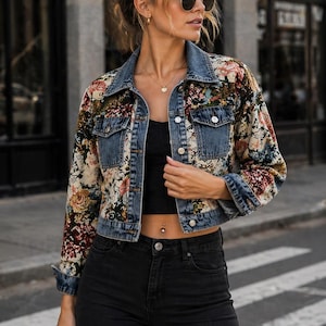 May include: A denim jacket with floral embroidery. The jacket has a classic collar, button-down front, and two chest pockets. The floral pattern includes shades of red, pink, and green. The model is wearing black jeans and sunglasses.