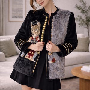 Faux Fur Patchwork Jacket for Women – Embroidered Velvet Button Coat