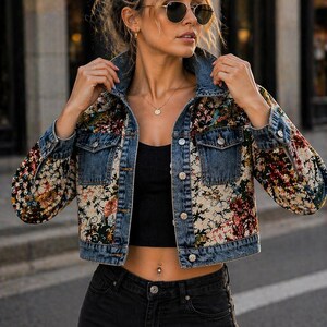 Chaqueta vaquera estampada con retazos para mujer – Abrigo corto informal