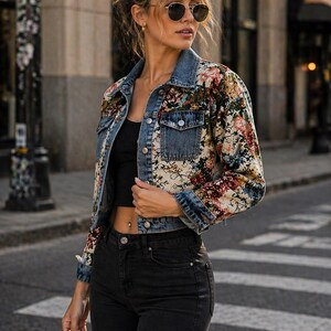 Printed Patchwork Cropped Denim Jacket – Casual Women's Short Coat