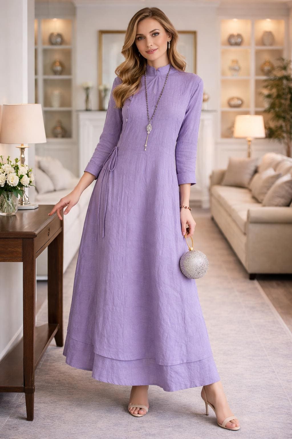 knee length dresses for ladies Modernized Chinese Dress with A Loose Fit V-Neck and Silk-Linen Blue / XXL