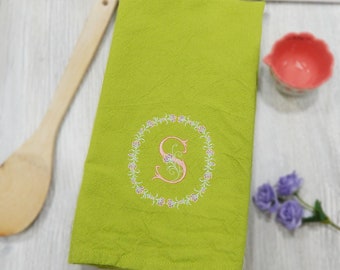 Monogram Name Embroidered Tea Towel - Spring Flowers - Personalized Kitchen Decor - Thoughtful Gift Idea for Her Mom Grandma - First Initial