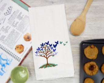 Butterflys Tree Embroidered Tea Towel - Colors of Buges - Gift Idea Under 20 - Spring Summer - Dish Cloth - Springtime Floral Design
