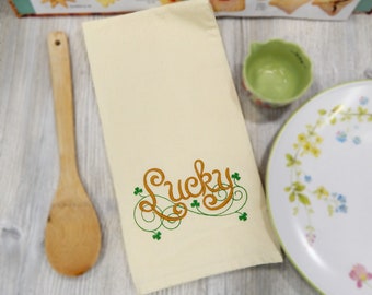 Lucky Embroidered Tea Towel - Swirls Clovers Text - St. Patrick's Day - Gift for the Cook - Kitchen Home Decoration - Embroidery Shamrock