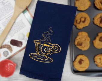 Hot Tea Embroidered Tea Towel - Blue Yellow - Coffee Cup - Hand Towel - Gift Idea Under 20 - Spring Summer - Home Decor - Dish Towel