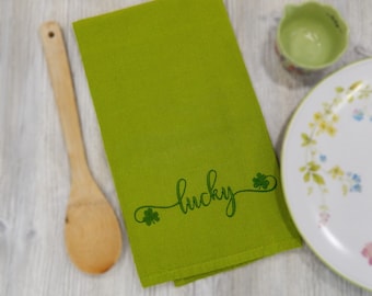 St. Patrick's Day Embroidered Tea Towel - Lucky Clovers - Gift Idea Under 20 - Kitchen Home Decoration - Shamrock Design