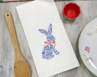 Blue Rabbit Easter Embroidered Tea Towel - Chinoiserie Bunny - Spring Hare - Kitchen Decor - Holiday Dish Towel - Gift Idea - Blue Toile