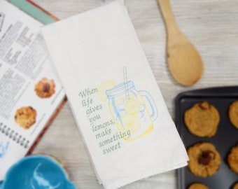 Lemon Embroidered Tea Towel - Uplifting Saying - When Life Gives you Lemons Make Something Sweet - Gift Idea Under 20 - Spring Summer