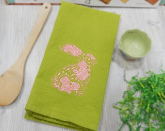 Peach Rose Rabet Embroidered Tea Towel - Spring Bunny - Green Kitchen Hand Towel - Easter Decor - Gift Idea for Her Mom Grandma